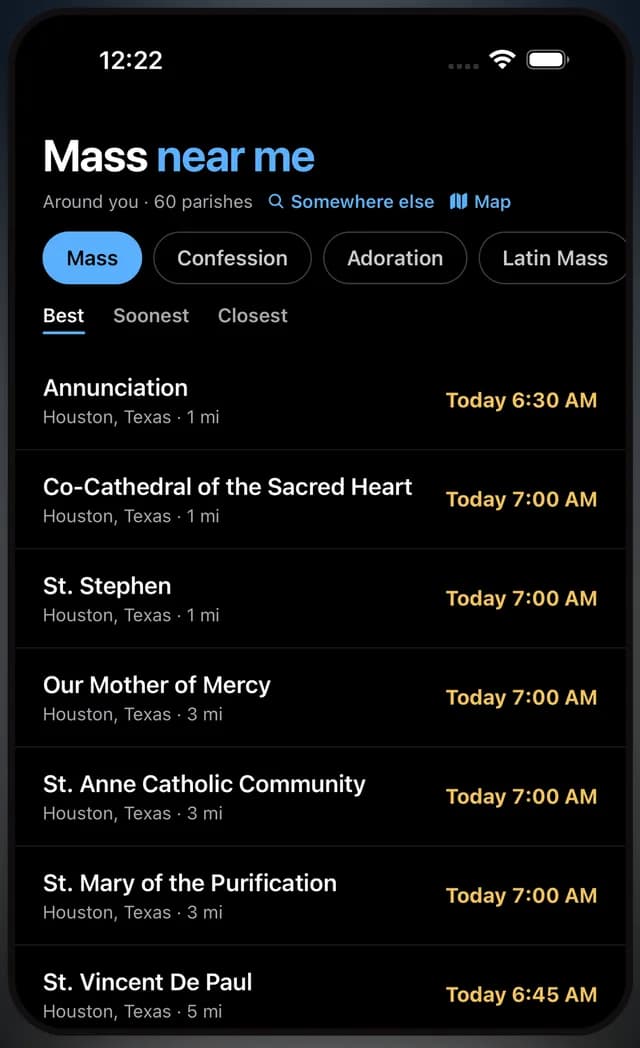 The parishes around you, each showing its very next Mass, soonest first
