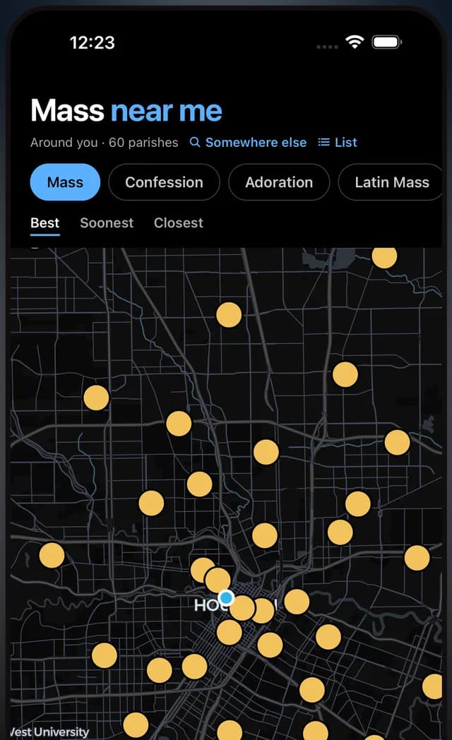 A dark map of Houston with a gold pin on each nearby parish