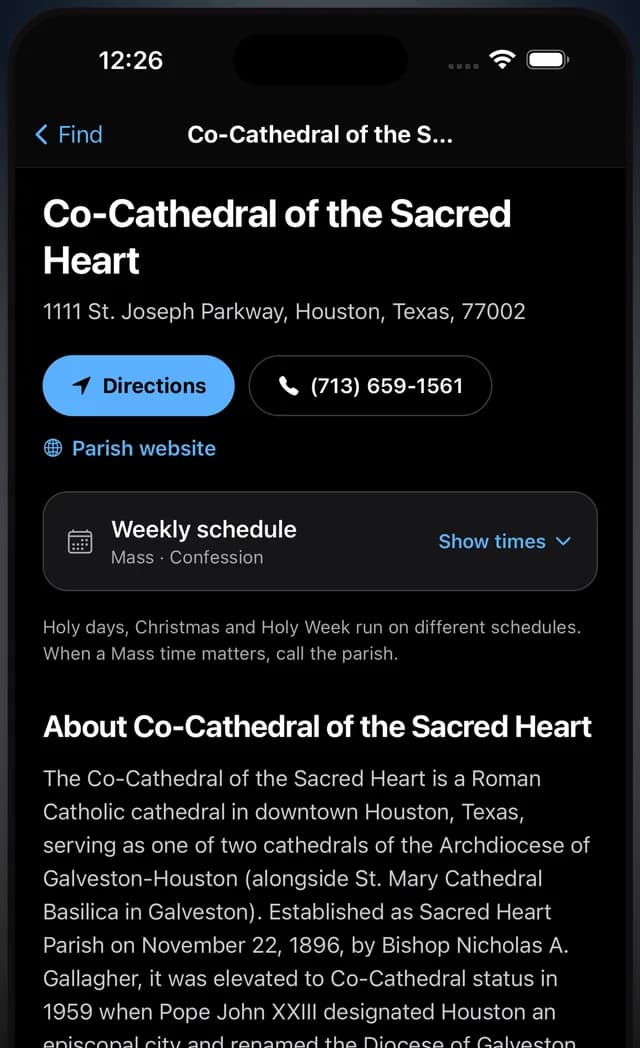 A parish page showing address, directions, phone number and weekly schedule