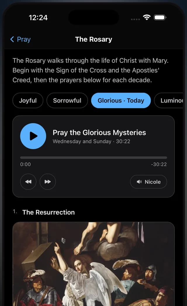 The Rosary screen with today's mysteries selected and a narrated audio player