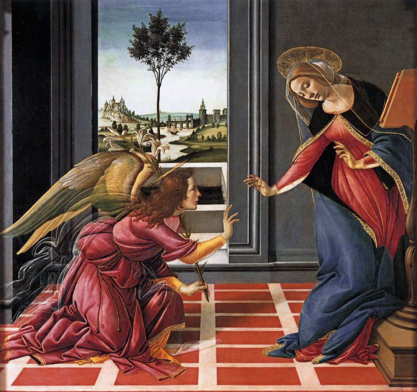 The Virgin Mary at the Annunciation, greeted by the angel Gabriel
